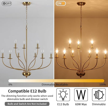 Gold Chandelier Light Fixture 9 Light Brass Chandelier for Dining Room, 30” Large Chandeliers for High Ceilings, Industrial Candle Farmhouse Chandelier for Living Room Kitchen Bedroom Entryway
