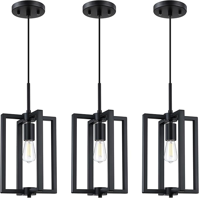 1 Light Hanging Rustic Farmhouse 8.3" Metal Lantern Cage Pendant Ceiling Light Fixture,Cafe Bar Over Sink Dining Room Bedroom Kitchen Island 3 Pack Black