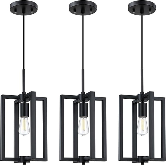 1 Light Hanging Rustic Farmhouse 8.3" Metal Lantern Cage Pendant Ceiling Light Fixture,Cafe Bar Over Sink Dining Room Bedroom Kitchen Island 3 Pack Black