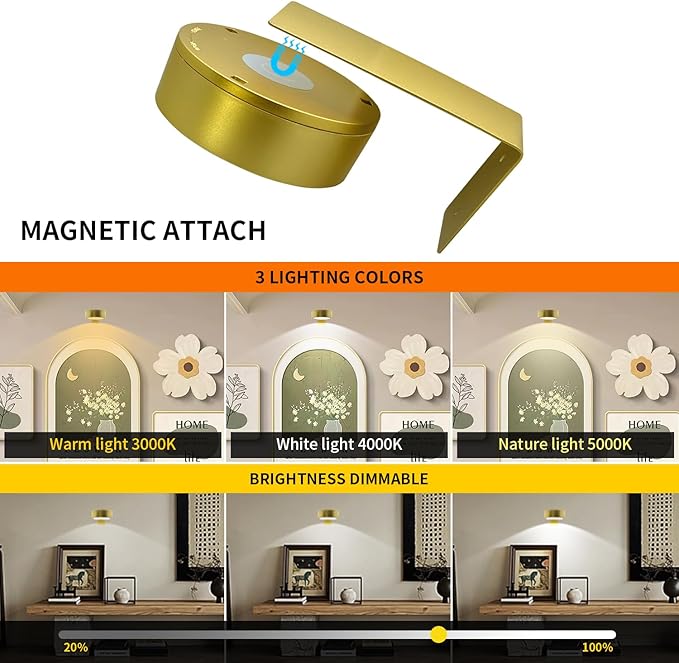 6Pack Picture Light Wireless Wall Painting Light 3 Lighting Art Display, Brightness Dimmable Timer Auto-OFF, Remote Control Battery Light Indoor for Pictures Paintings Frames Dartboards Gallery