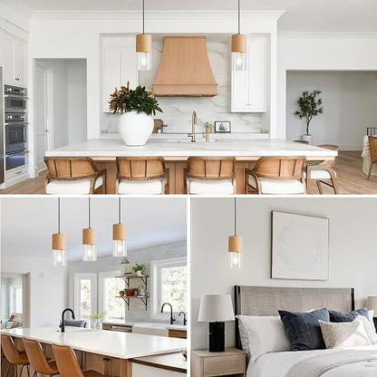 3-Pack Modern Pendant Lights for Kitchen Island, Adjustable Pendant Light Fixtures with Raw Wood Grain, Industrial Clear Glass Pendant Lights for Dining Table Hallway Bedroom Living Room
