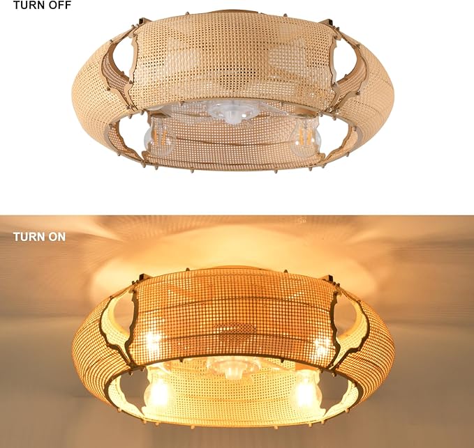 Ganeed 20.86" Boho Caged Ceiling Fan with Lights and Remote, Flush Mount Low Profile Rattan Ceiling Fans with Lights, Enclosed 6 Speeds Farmhouse Woven Ceiling Fan for Bedroom, Living Room, Kitchen