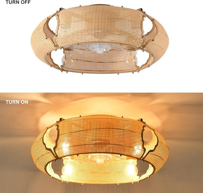 Ganeed 20.86" Boho Caged Ceiling Fan with Lights and Remote, Flush Mount Low Profile Rattan Ceiling Fans with Lights, Enclosed 6 Speeds Farmhouse Woven Ceiling Fan for Bedroom, Living Room, Kitchen