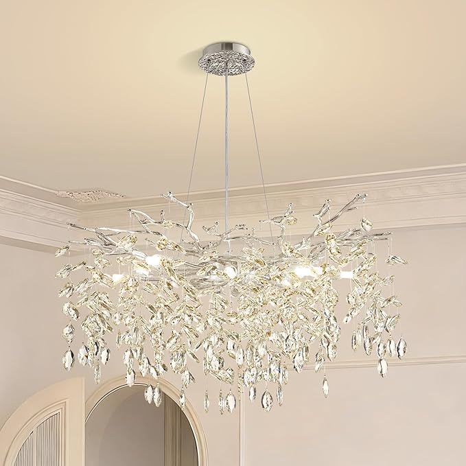 Modern Tree Branch Crystal Chandelier 30" Sliver Luxury Large Pendant Lighting 10-Light Contemporary K9 Crystal Chandeliers for Dining Room Kitchen Living Room Foyer Entryway (Sliver, D30"-Round)