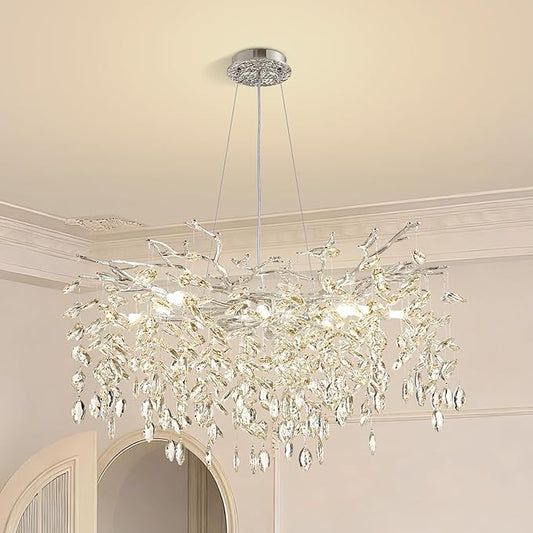 Modern Tree Branch Crystal Chandelier 30" Sliver Luxury Large Pendant Lighting 10-Light Contemporary K9 Crystal Chandeliers for Dining Room Kitchen Living Room Foyer Entryway (Sliver, D30"-Round)