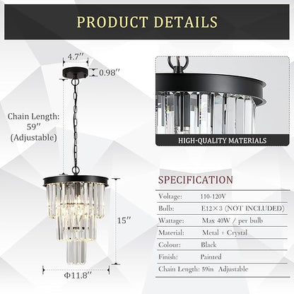 3 Pack Black Crystal Pendant Light for Kitchen Island,Modern Mini Crystal Chandeliers for Dining Room,3 Tiers K9 Ceiling Pendant Light Fixture for Hallway Bedroom Closet