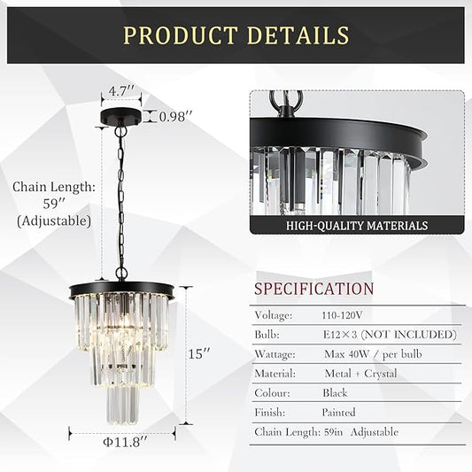 3 Pack Black Crystal Pendant Light for Kitchen Island,Modern Mini Crystal Chandeliers for Dining Room,3 Tiers K9 Ceiling Pendant Light Fixture for Hallway Bedroom Closet