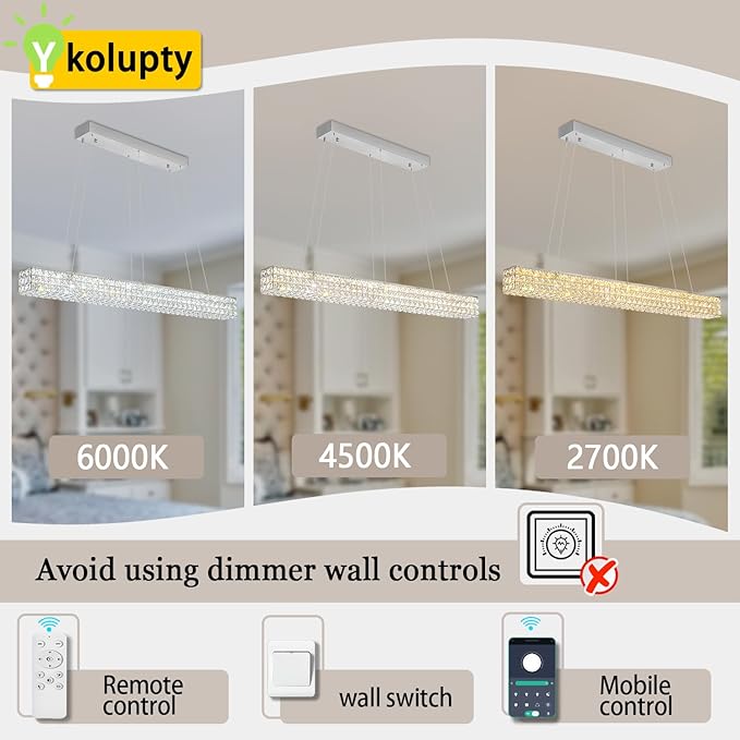 ykolupty W48 Modern Rectangular Crystal Chandeliers Dining Room Chandelier,Silver Pendant Light Fixture with Remote Control for Living Room Kitchen Island