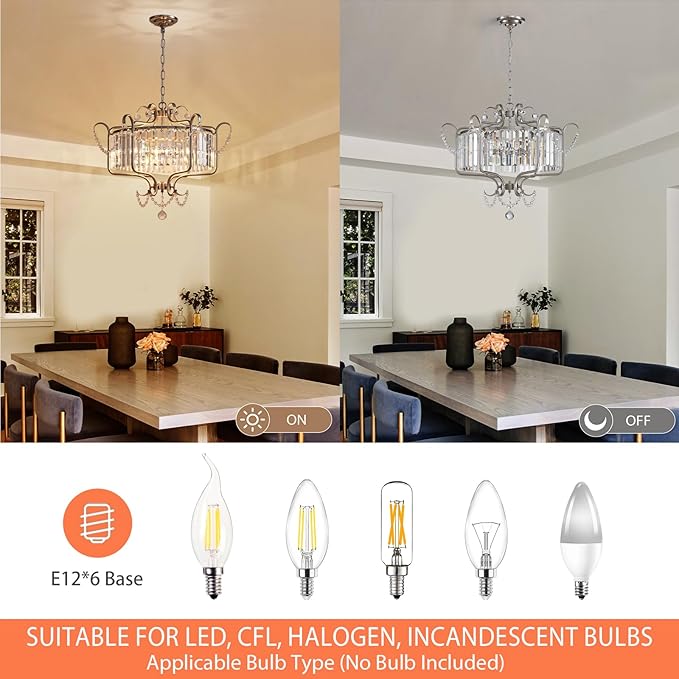 Modern Crystal Chandelier for Dining Room 24" Brushed Nickel Light Fixtures 6-Light Farmhouse Pendant Lighting for Kitchen Island Bedroom Hallway Entryway