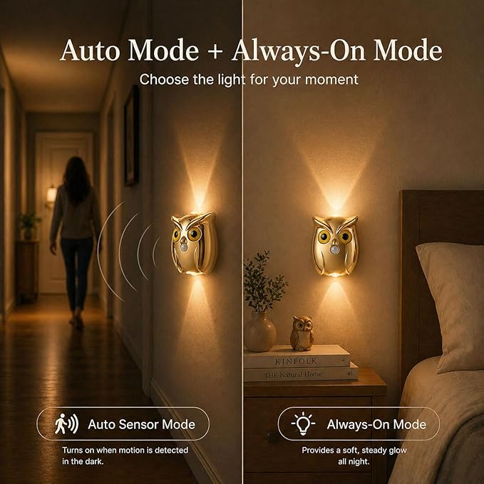 2-Pack Golden Owl Wall Lamp, Cute LED Night Light for Bedroom Decor, Warm Ambient Lighting for Kids Room, Nursery & Hallway, Creative Animal Wall Light, Gift for Home Decoration