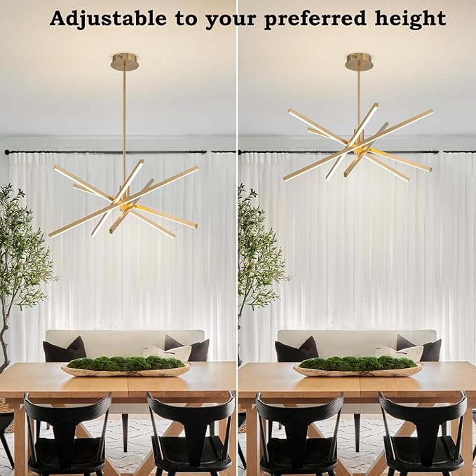 YINSP Modern Sputnik LED Chandelier Black Pendant Light, 5-Lights Gold Chandeliers 45W 3000K Dimmable Adjustable Linear Hanging Light Fixture for Dining Room Kitchen Island Living Room Bedroom Bar