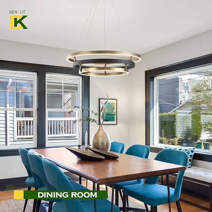 Benkut Modern LED Chandelier Black Gold Dimmable 3 Ring Pendant Light for Dining Room, Kitchen Chandelier Circular with Remote Control Flush Mount High Ceiling Light for Living Room, 3000K-6500K