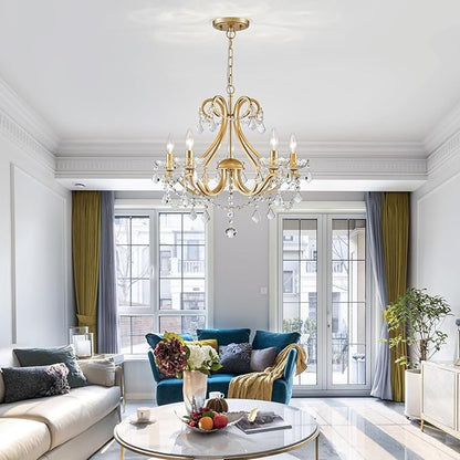 WUZUPS Crystal 5-Light Candle Chandelier Pendant Flushmount Ceiling Light Modern Lighting Fixture for Bedroom Hallway Bar Kitchen Bathroom, H 20.9" x W 21.7", Gold, E12 Base