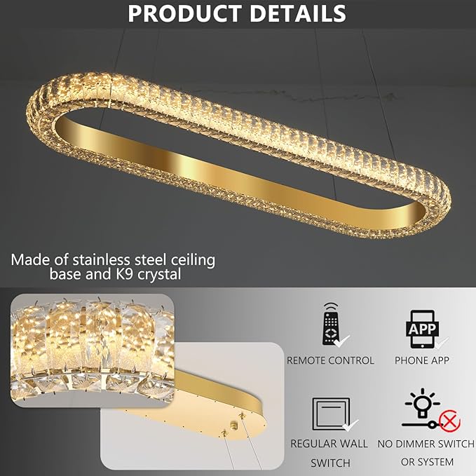40'' Oval Ring Crystal Chandelier Modern LED Dimmable Ring Pendant Light Chandelier for Dining Room Living Room Gold