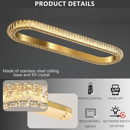 40'' Oval Ring Crystal Chandelier Modern LED Dimmable Ring Pendant Light Chandelier for Dining Room Living Room Gold
