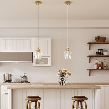VONLUCE Pendant Lights Kitchen Island, Brushed Gold Pendant Light Fixtures with E26 Base & Adjustable Cable, Modern Pendant Lighting with Glass Shade for Living Room Bedroom Hallway, 2 Packs