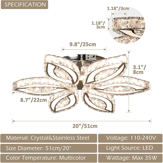 CLAIRDAI 20" Modern Crystal Ceiling Light Led Flush Mount Chandelier Flower Light Fixture Close to Ceiling Light for Bedroom Living Room Dining Kitchen (Multi-Color)