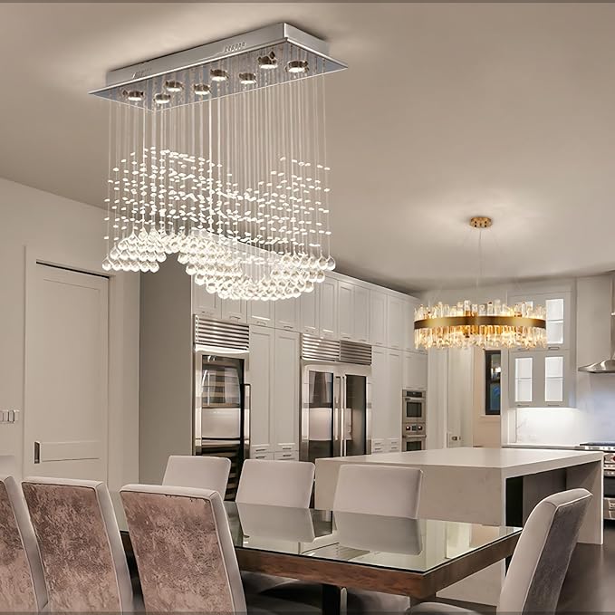 Siljoy 8-Light Modern Wave Raindrop Crystal Chandelier, Luxury Chrome Rectangular Flush Mount Crystal Pendant Ceiling Light for Dining Living Room Kitchen Island L31.5'' x W12'' x H28''