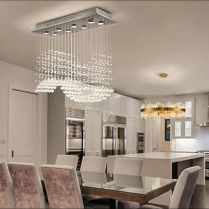 Siljoy 8-Light Modern Wave Raindrop Crystal Chandelier, Luxury Chrome Rectangular Flush Mount Crystal Pendant Ceiling Light for Dining Living Room Kitchen Island L31.5'' x W12'' x H28''