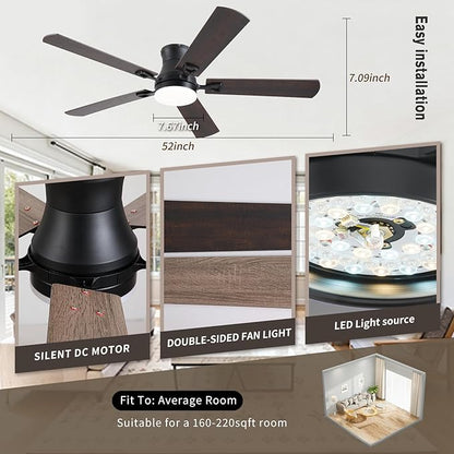 KNUN Ceiling Fans with Lights,52 Inch Low Profile Ceiling Fan with Light and Remote Control,Flush Mount,6 Speeds DC Reversible Motor, 3CCT Dimmable, Noiseless Brown Ceiling Fan for Living Room,Patio