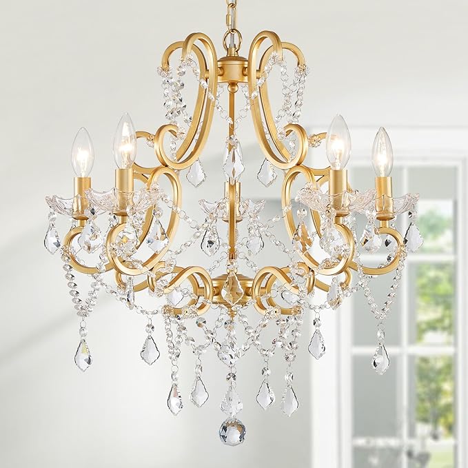 Crystal Chandelier, Golden Crystal Lighting,5-Light Modern Chandelier for Living Room Kitchen Island Entryway Bedroom