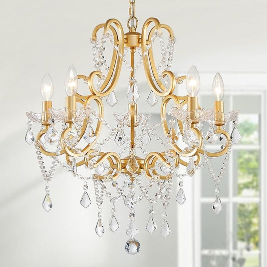 Crystal Chandelier, Golden Crystal Lighting,5-Light Modern Chandelier for Living Room Kitchen Island Entryway Bedroom