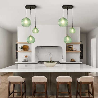 3-Light Glass Globe Light for Kitchen Island, Mid-Century Modern Pendant Ball Chandelier with Green Ribbed Lampshade, Vintage Hanging Ceiling Light Fixture for Dining Room, Over Sink, Table