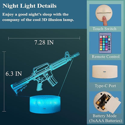 M4A1 Night Light, M4A1 Model Gifts, 3D Illusion Lamp with 16 Colors Changing, Remote Control and Dimmable, Game Living Room Decoration, Holiday Xmas Gifts