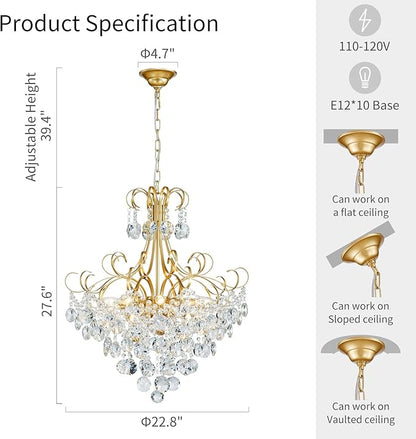 ANJIADENGSHI Crystal Chandelier, Modern K9 Crystal Pendant Light for Dining Room, Vintage Pendant Ceiling Fixture Lamp, 10-Lights Golden Chandelier Lighting for Kitchen Island, Living Room, Bedroom