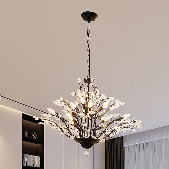 Maxax Vintage Crystal Branch Chandeliers, 12-Light Adjustable K9 Crystal Pendant Hanging Lighting Ceiling Light Fixtures Chandeliers for Dining Room, Living Room, Bedroom, Porch, 33in, Black