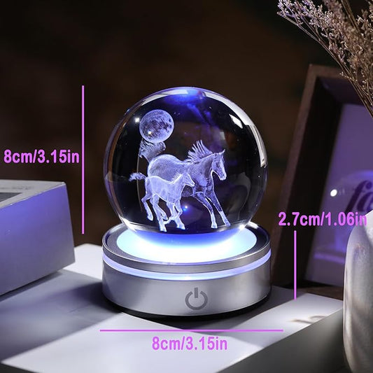 Crystal 3D Moon and Horses 3.15in Ball Figurine Gifts for Men, Collectible Glass Animal Art Sphere for Room with LED Light Base Keepsakes for Horse Lovers Home Decor