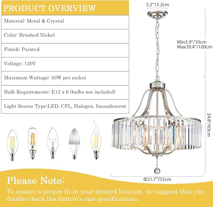 Brushed Nickel Chandeliers for Dining Room 21.7 Inch Crystal Light Fixture 6-Light Modern Farmhouse Round Large Chandeliers for Kitchen Hallway Bedroom Foyer Adjustable Height Hanging Lamp