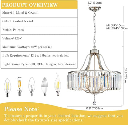 Brushed Nickel Chandeliers for Dining Room 21.7 Inch Crystal Light Fixture 6-Light Modern Farmhouse Round Large Chandeliers for Kitchen Hallway Bedroom Foyer Adjustable Height Hanging Lamp