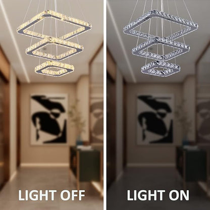 Modern Crystal Chandelier LED Ceiling Light, Square 3-Ring Height Adjustable 47W K9 Crystal Pendant for Dining Room, Living Room, Bedroom, Foyer, Warm White 3000K