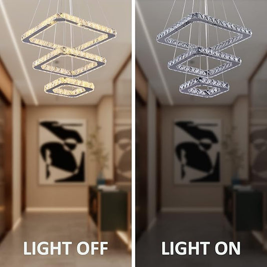 Modern Crystal Chandelier LED Ceiling Light, Square 3-Ring Height Adjustable 47W K9 Crystal Pendant for Dining Room, Living Room, Bedroom, Foyer, Warm White 3000K