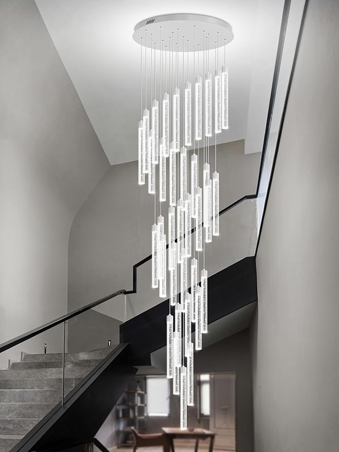 200'' Long Crystal Column Chandelier Silver 36-Lights Extra Large Staircase Chandeliers Dimmable LED Ceiling Lighting Foyer Entryway Light Source is Replaceable