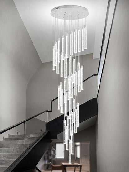 200'' Long Crystal Column Chandelier Silver 36-Lights Extra Large Staircase Chandeliers Dimmable LED Ceiling Lighting Foyer Entryway Light Source is Replaceable