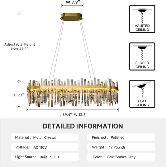 Gold Led Modern Crystal Chandelier: 39.3" Rectangle Linear 3 Color Dimmable Chandeliers for Dining Room Over Table-Luxury Rectangular Contemporary Oval Light Fixture for Living Room Bedroom Foyer