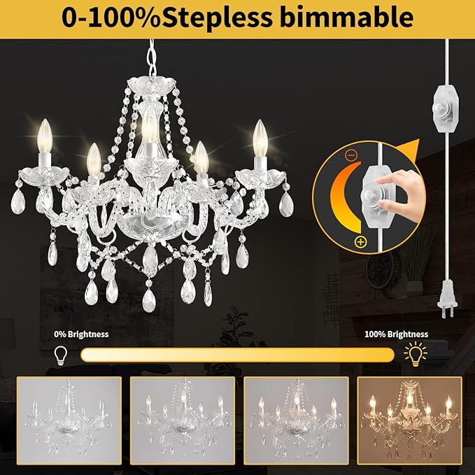 Plug in Chandelier Dimmable,5 Lights K9 Crystal Glass Pendant Light Fixture, Modern White Candle Hanging Chandelier for Bedroom Living Dining Room Kitchen Island