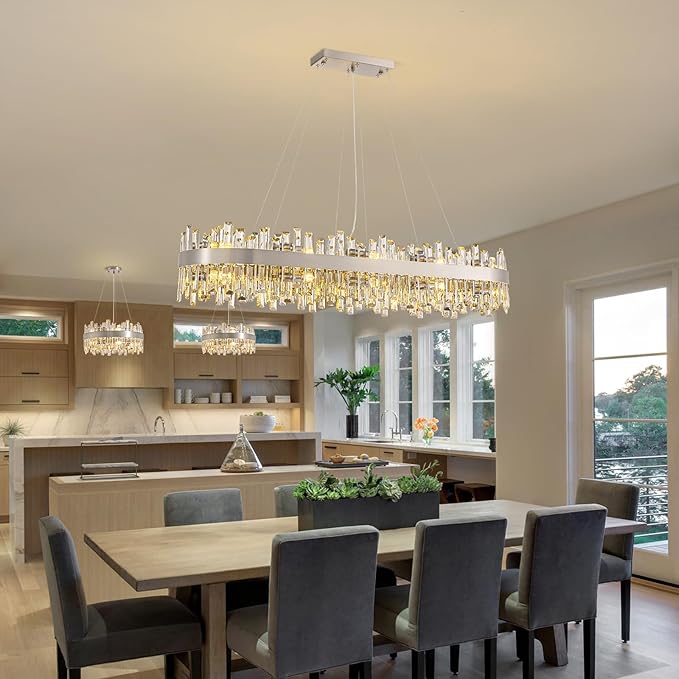 Siljoy L52'' Large Rectangular Crystal Chandelier for Dining Room, 20-Light Modern 2-Tiers K9 Crystal Raindrop Chandelier, Adjustable Height Crystal Ceiling Light for Living Room Kitchen Island
