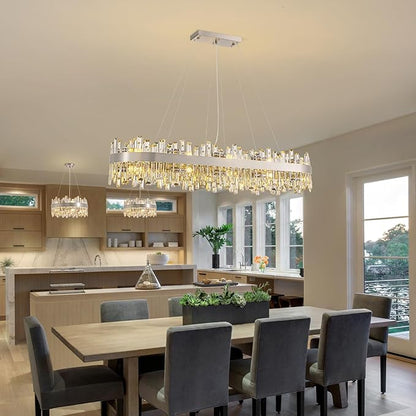 Siljoy L52'' Large Rectangular Crystal Chandelier for Dining Room, 20-Light Modern 2-Tiers K9 Crystal Raindrop Chandelier, Adjustable Height Crystal Ceiling Light for Living Room Kitchen Island