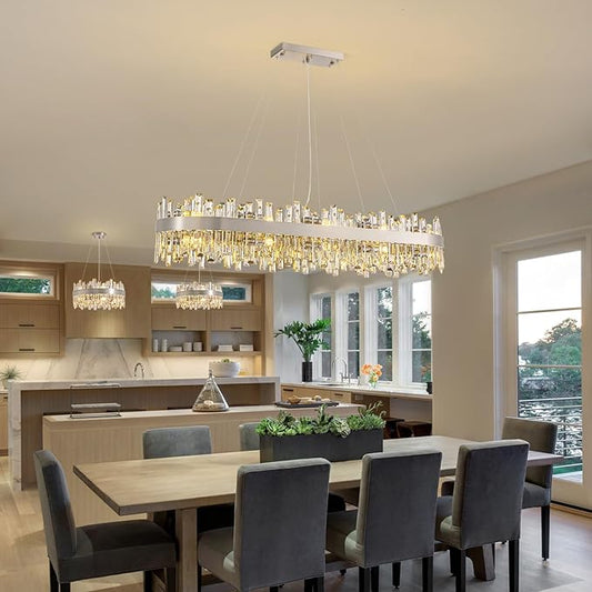 Siljoy L52'' Large Rectangular Crystal Chandelier for Dining Room, 20-Light Modern 2-Tiers K9 Crystal Raindrop Chandelier, Adjustable Height Crystal Ceiling Light for Living Room Kitchen Island