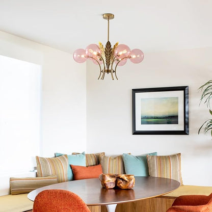 BOKT Modern Sputnik Chandeliers 6-Lights Island Pendant Lighting Fixture Mid Century Ball Chandelier with Pink Globe Lampshade Gold Sphere Ceiling Light for Dining Room Living Room Girls Room