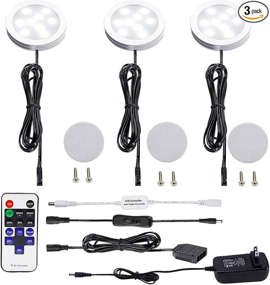 AIBOO Dimmable LED Under Cabinet Puck Lights 3 Lamps Kit with RF Remote Control for Home Kitchen Counter Lighting (Daylight White 6000K)