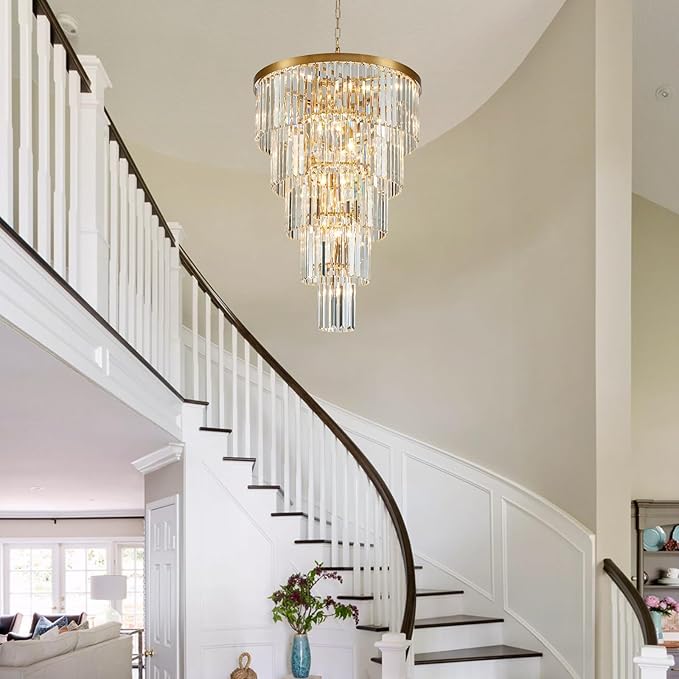 Gold Long Crystal Chandelier for High Ceiling, Height 35.5 inch 5-Tier Modern Chandeliers Lighting Fixture, Round Light for Entryway Staircase Foyer