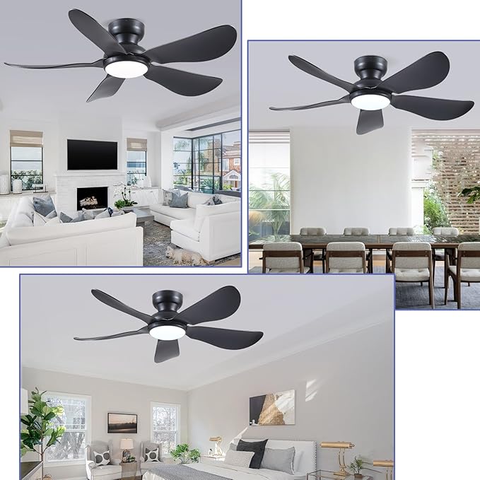 Kviflon 46 Inch Modern Ceiling Fans with Lights, Flush Mount Ceiling Fan with Light and Remote/APP Control, 5 Reversible 6 Speeds Curved Blades, 3 CCT Dimmable Lights for Bedroom, Black