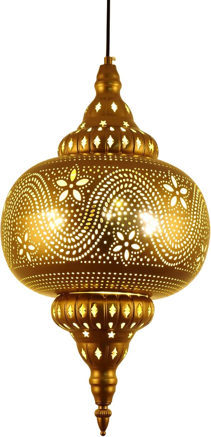Moroccan Pendant Light - Turkish Gold Vintage Chandelier - Iron Porous Arabic Wall Light - Plug-in Ceiling Hanging Light for Kitchen Island, Restaurant, Hallway, Foyer