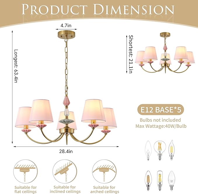 Pink Chandelier for Bedroom Light Fixture, Brushed Gold Art Deco Chandelier with Fabric Shade,Antique Modern Chandeliers paired with Ceramic for Girls Bedroom，Living Room，Dining Room