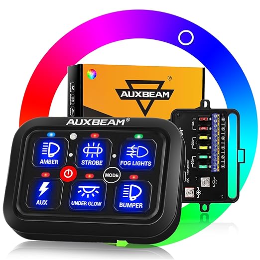 Auxbeam RGB 6 Gang Switch Panel RA60 Auto-Dimmable Switch Panel w/Momentary Toggle Pulsed Memory Function, 12-24V Switch Panel for Truck UTV Car Boat Waterproof, 3-Year Warranty