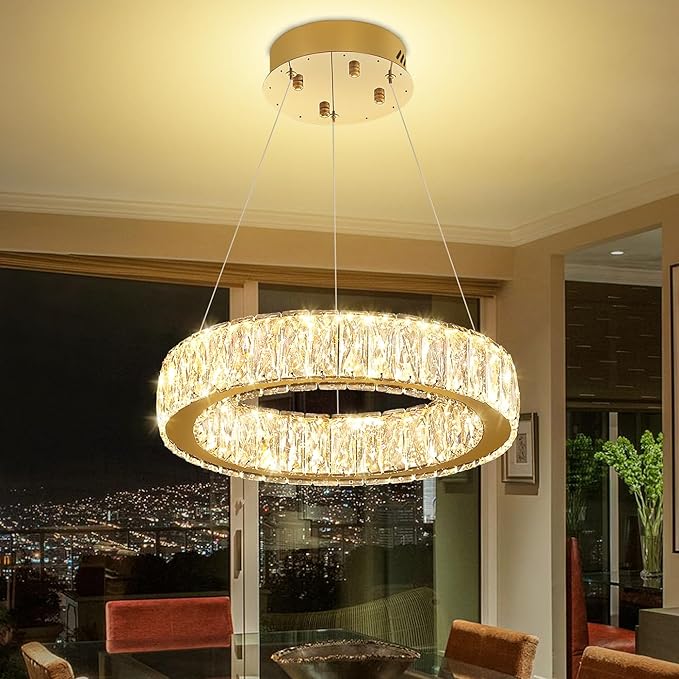 Modern LED Ring Pendant Light Dimmable Crystal Chandelier 15.7" Gold Crystal Chandelier for Dining Room Living Room